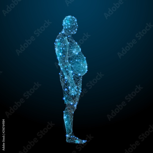 Abstract image of a Obesity male in the form of a starry sky or space, consisting of points, lines, and shapes in the form of planets, stars and the universe. Health wireframe photo