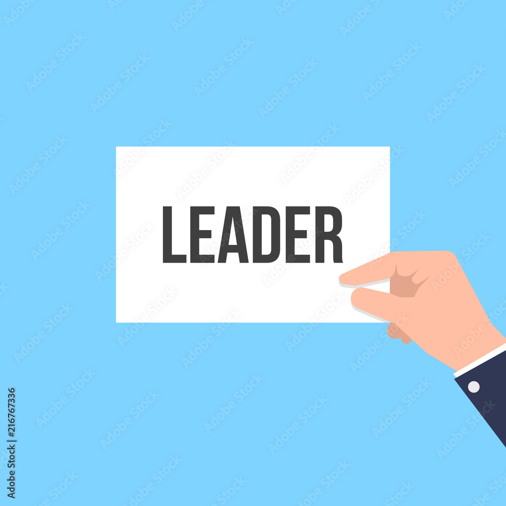 Man showing paper LEADER text Man showing paper LEADER text