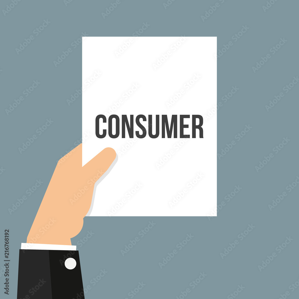 Man showing paper CONSUMER text Man showing paper CONSUMER text