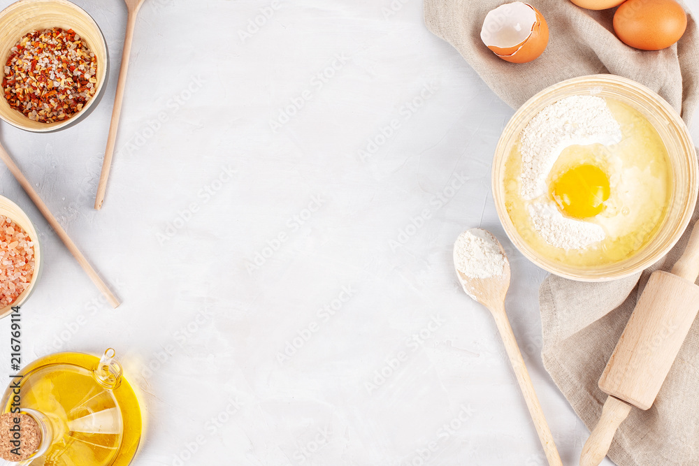 Ingredients and kitchen utensils for dough preparation Ingredients and kitchen utensils for dough preparation