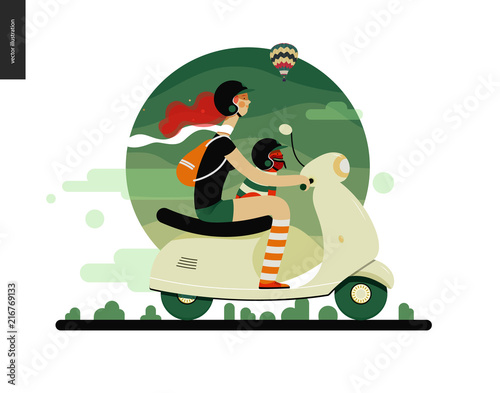 Girl on a scooter - flat vector concept illustration of ginger girl wearing helmet riding a green scooter, a french bulldog on her lap wearing small helmet, on the green landscape with air balloon