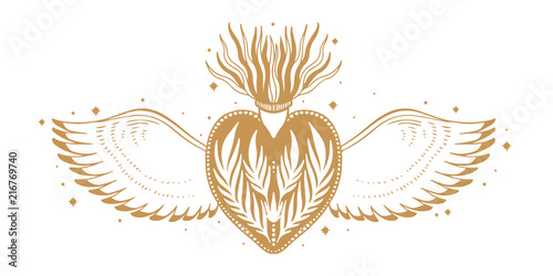Sketch graphic illustration Beautiful heart with mystic and occult hand drawn symbols. Vector illustration. Vintage Hands with Old Fashion Tattoos.
