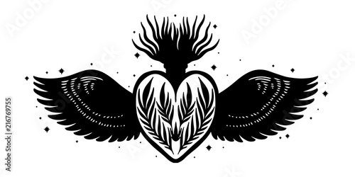 Sketch graphic illustration Beautiful heart with mystic and occult hand drawn symbols. Vector illustration. Vintage Hands with Old Fashion Tattoos.