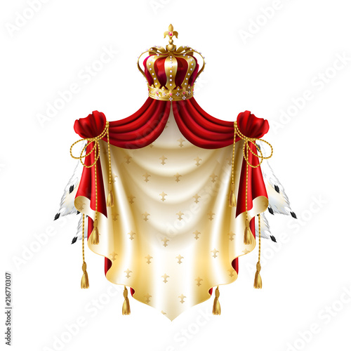Vector royal baldachin with gold, crown, jewelry and fringe fur isolated on white background. Template of label with heraldic canopy for companies, business. Elegant premium element. photo