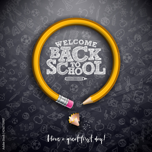 Back to school design with graphite pencil and typography lettering on black chalkboard background. Vector School illustration with hand drawn doodles for greeting card, banner, flyer, invitation