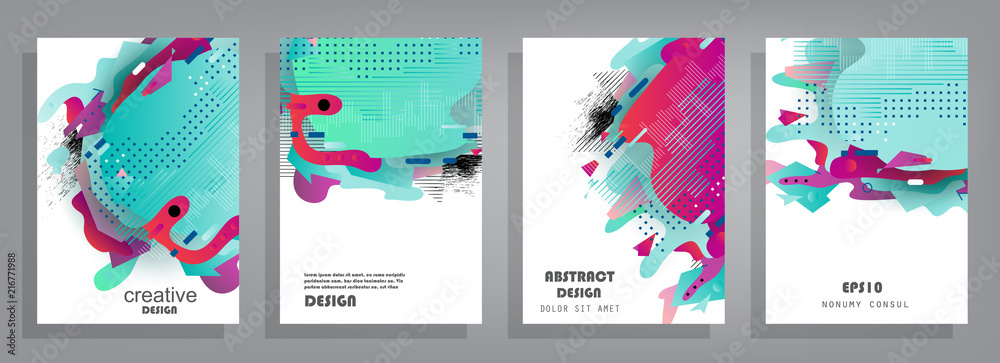 Covers templates set with graphic geometric elements. Applicable for brochures, posters, covers and banners. Vector illustrations. - obrazy, fototapety, plakaty 