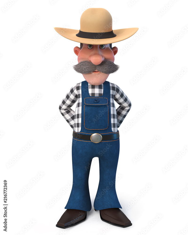 3d illustration farmer with a bushy mustache/3d illustration man posing in overalls on the farm