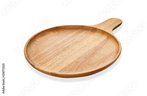 Round wooden tray or Natural wood plate, Serving tray with handle isolated on white background with clipping path