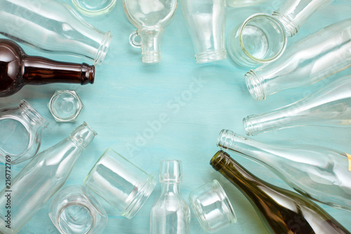 Wastes of different glass containers ready for recycling