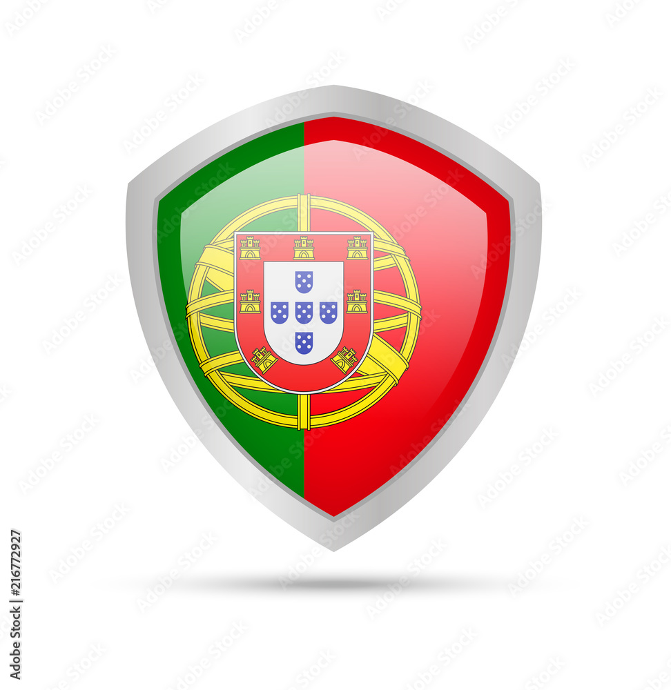 Obraz premium Shield with Portugal flag on white background. Vector illustration.