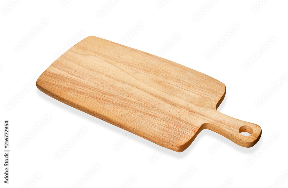 Empty wood chopping board, Wooden serving tray with handle, isolated on white background with clipping path                            