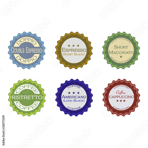 Set of six coffee tags, colored in different colors, isolated on a white background.