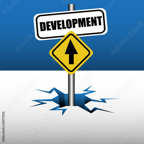 Abstract colorful background with two plates, one with an arrow and one with the word development. Development concept