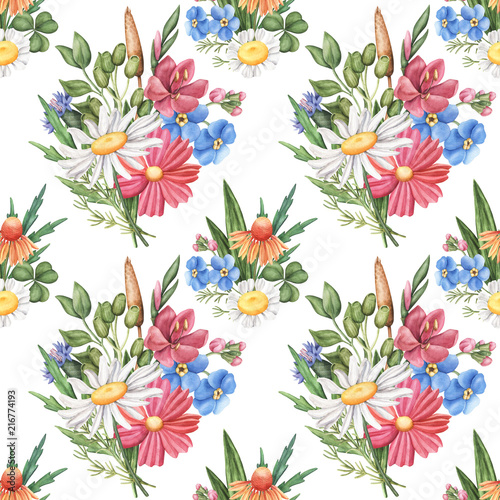 Fototapeta Naklejka Na Ścianę i Meble -  Seamless pattern with wild summer flowers - camomile, cornflower, forget-me-not, cosmos and greenery, watercolour raster illustration on white background. Seamless watercolor pattern with wild flowers
