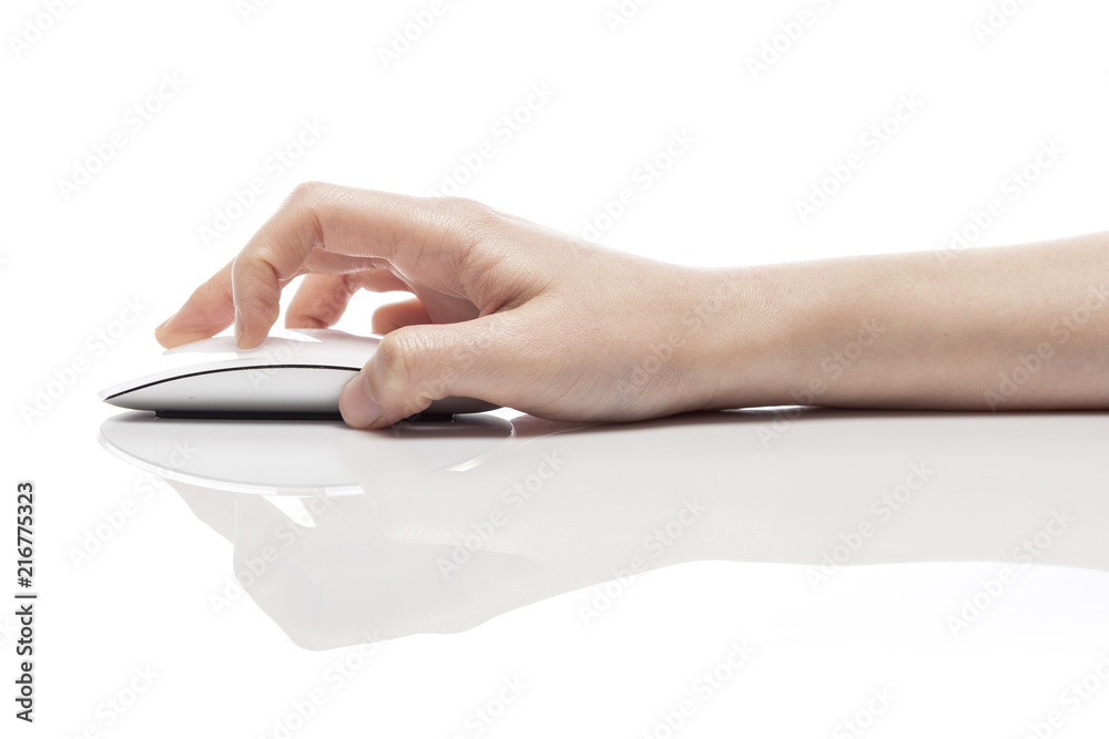 woman hand hold a mouse isolated white.