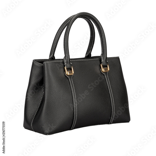 Black matte texture leather bag with white seams isolated on white background