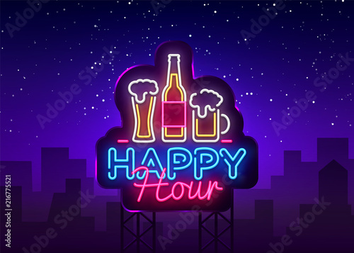 Happy Hour neon sign vector. Happy Hour Design template neon sign, Night Dinner, celebration light banner, neon signboard, nightly bright advertising, light inscription. Vector Billboards