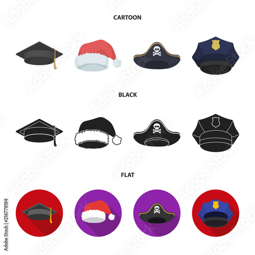 Graduate, santa, police, pirate. Hats set collection icons in cartoon,black,flat style vector symbol stock illustration web.