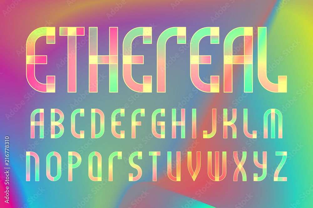 Ethereal letters alphabet. Colorful translucent font. Isolated english alphabet on iridescent background.