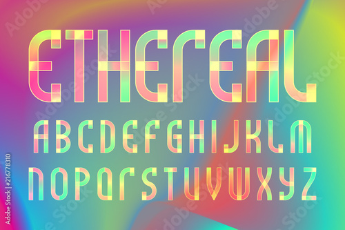 Ethereal letters alphabet. Colorful translucent font. Isolated english alphabet on iridescent background.