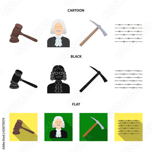 Judge, wooden hammer, barbed wire, pickaxe. Prison set collection icons in cartoon,black,flat style vector symbol stock illustration web.