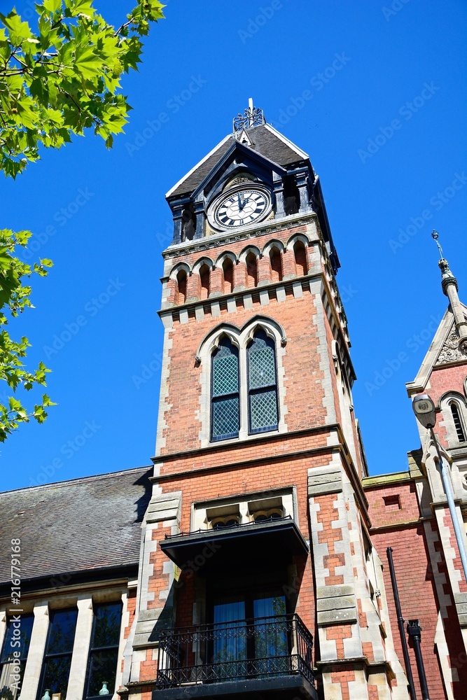 View of the Victorian Town Hall with its decorative clock tower in King Edward Place, Burton upon Trent, UK.