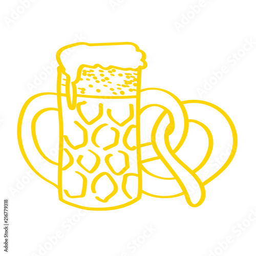 Handgezeichnetes Bier mit Brezel in gelb