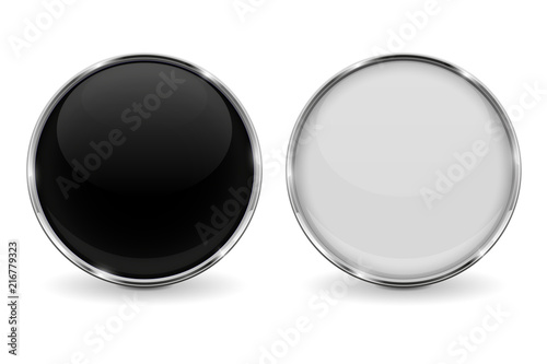 Glass black and white shiny 3d buttons with metal frame