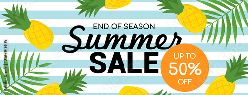 Summer sale Banner Vector illustration. Summer sale with pineapple on blue stripe background.