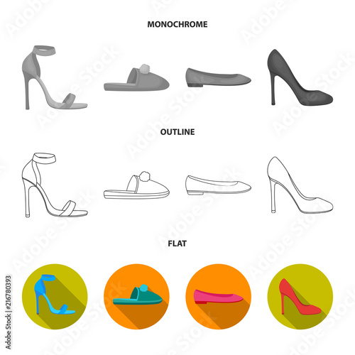 Blue high-heeled sandals, homemade lilac slippers with a pampon, pink women ballet flats, brown high-heeled shoes. Shoes set collection icons in flat,outline,monochrome style vector symbol stock