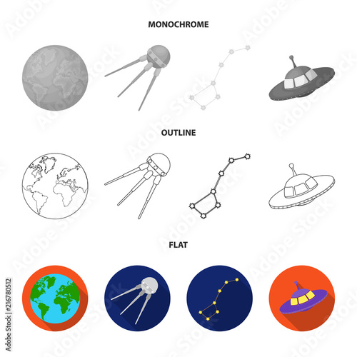 Planet Earth with continents and oceans, flying satellite, Ursa Major, UFO. Space set collection icons in flat,outline,monochrome style vector symbol stock illustration web.