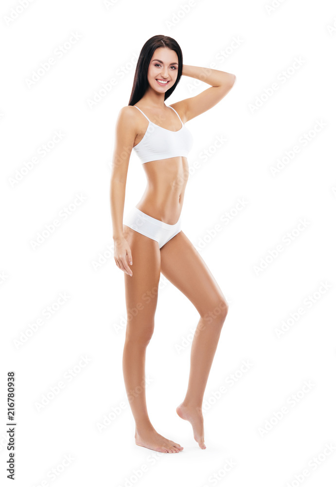 Fit and sporty girl in white swimsuit. Sport, fitness, diet, weight loss and healthcare concept. Fit and sporty girl in white swimsuit. Sport, fitness, diet, weight loss and healthcare concept.
