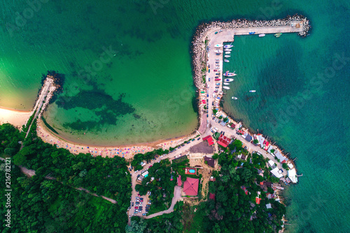 Aerial drone view of Black sea coast. Euxinograd, Varna, Bulgaria photo