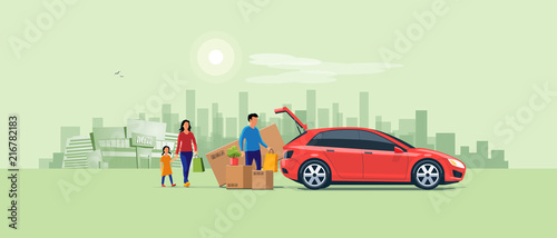 Flat vector illustration of a man with family coming from shopping and loading the car trunk with purchase carton boxes. Oversized big tv box doesn't fit. Shopping mall and city in the background.