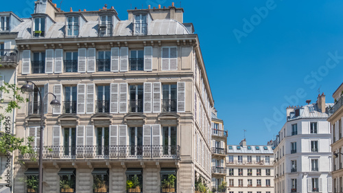Paris, beautiful building, typical parisian facade in the Marais 