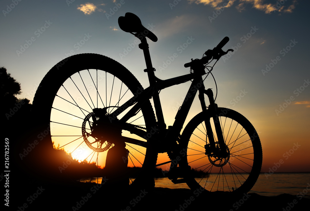 Silhouette of bicycle on the beach against colorful sunset in the sea, gold sky background. Reflection of sun in water. Outdoors.