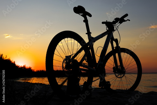 Silhouette of bicycle on the beach against colorful sunset in the sea, gold sky background. Reflection of sun in water. Outdoors.