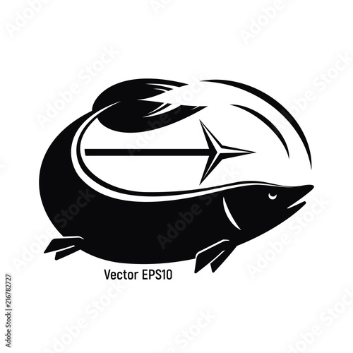 Fish with harpoon for fishing. Black and white is a simple icon. Vector illustration.