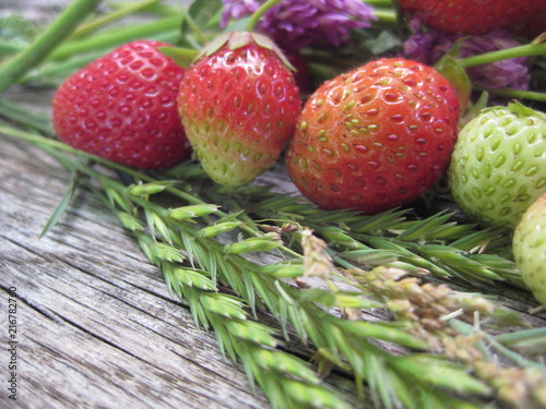 In the foreground close-up on an oak gray table green ears of field grasses. On the grass three Mature and one immature strawberry berries. There s a pink clover in the background.