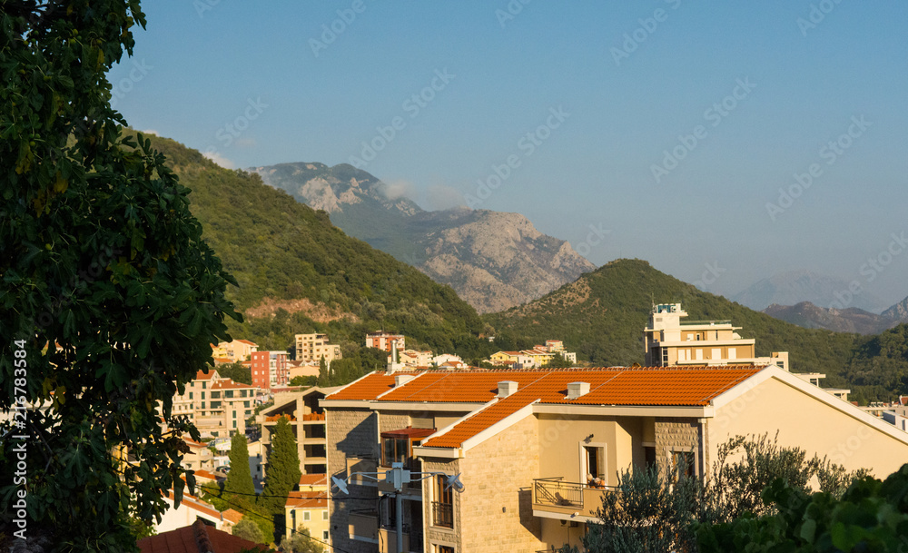 City on the mountain by the sea. The Mediterranean. Adriatic Sea, Montenegro. Petrovac.