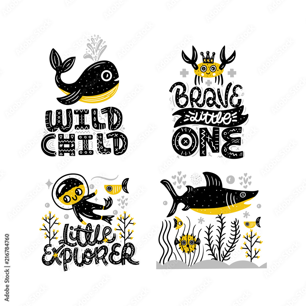 Underwater world. Cute vector illustration with lettering. Nursery print