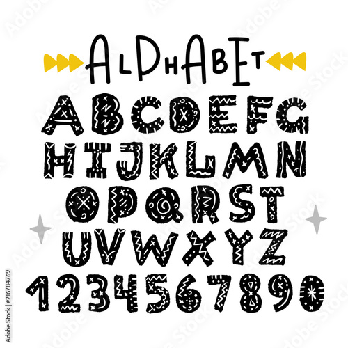 Hand drawn decorative funny alphabet. Child print. Vector illustration