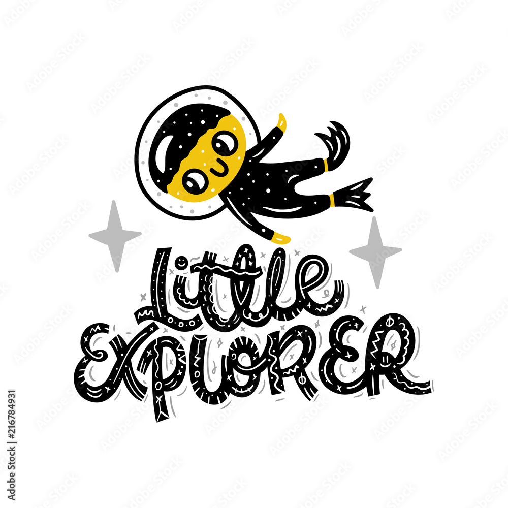 Little explorer. Underwater world. Cute vector illustration with lettering. Nursery print