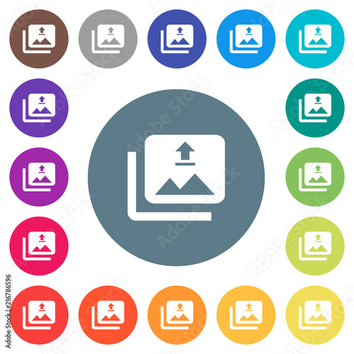 Upload multiple images flat white icons on round color backgrounds photo