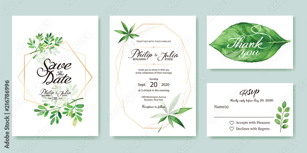 Wedding Invitation, save the date, thank you, rsvp card Design template. Silver dollar, olive leaves. leaf. Vector. 