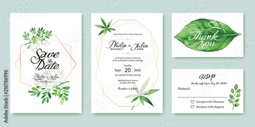 Wedding Invitation  save the date  thank you  rsvp card Design template. Silver dollar  olive leaves. leaf. Vector. 
