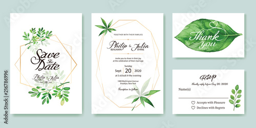 Wedding Invitation, save the date, thank you, rsvp card Design template. Silver dollar, olive leaves. leaf. Vector. 