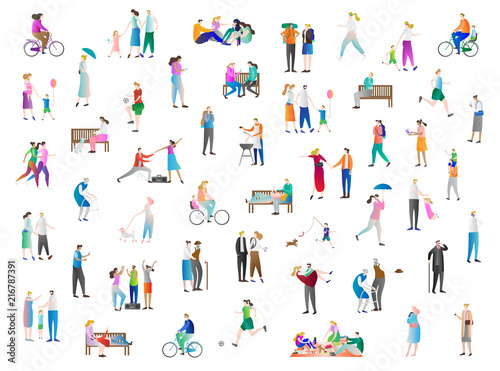 Leisure vector illustration icon collection set. Family enjoy holiday, summer, outdoors and picnic. Young person in vacation and relax. Kid playing with dog and balloons.