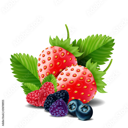 Sweet berries mix isolated on white background. Ripe raspberries, Strawberries and blueberries. vector illustration.