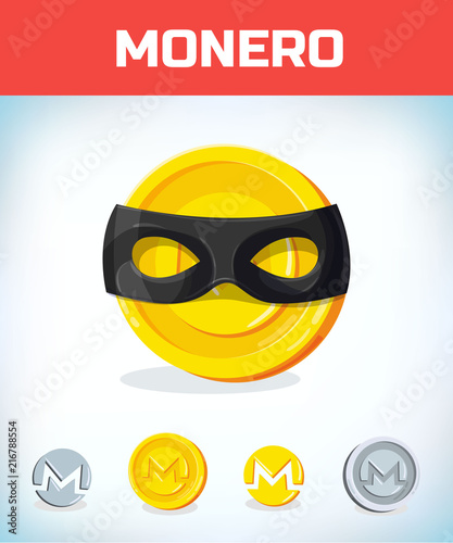 monero in zorro mask. monero. Digital currency. Crypto currency. Money and finance symbol. Miner bit coin criptocurrency. Virtual money concept. Cartoon Vector illustration